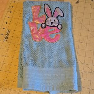 Blue Towel with Pink Bunny Love Design